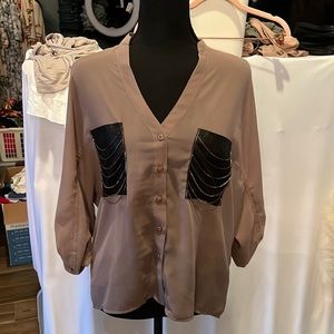 Long sleeve blouse with faux leather and chain detail chest pockets